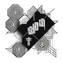 Geometric patterns with Japanese kanji symbols representing technology tattoo design idea