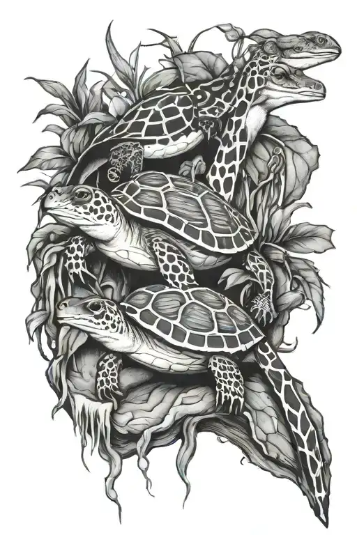 penguin, giraffe, tree frog and turtle  tattoo design idea