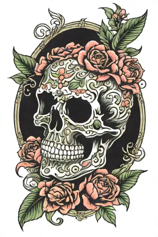 candy skull surrounded by peonies tattoo design idea