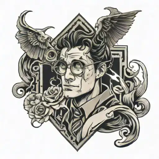 I want you to generate a tattoo 20 centimeters high and 5 centimeters wide related to Harry Potter in a linear style. tattoo design idea