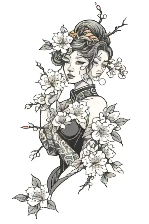 Portrait Woman surrounded by sakura flowers  tattoo design idea