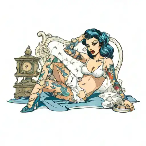 pinup girl sat down black hair blue eyes white lingerie  tattoo design idea