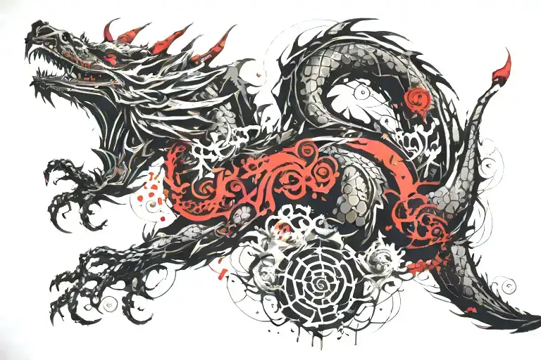 A dragon meditating in a serene Buddhist temple garden tattoo design idea