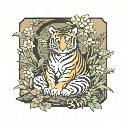 A tiger meditating in a serene Buddhist temple garden tattoo design idea