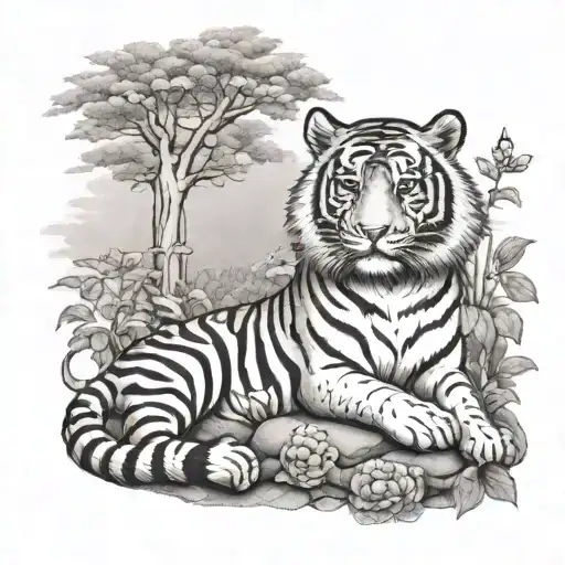 A tiger meditating in a serene Buddhist temple garden tattoo design idea