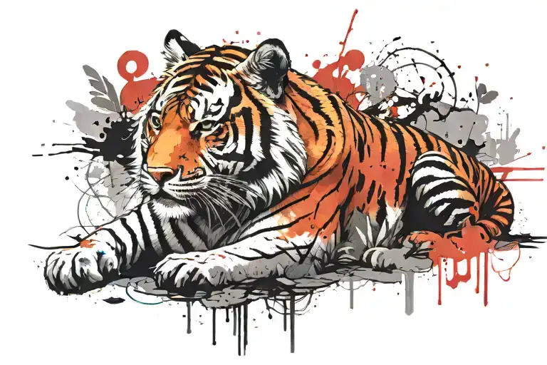 A tiger meditating in a serene Buddhist temple garden tattoo design idea