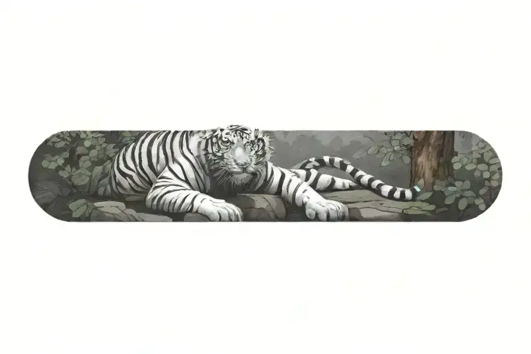 A tiger meditating in a serene Buddhist temple garden tattoo design idea