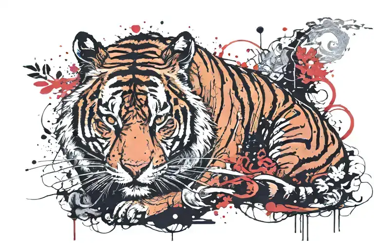 A tiger meditating in a serene Buddhist temple garden tattoo design idea