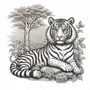 A tiger meditating in a serene Buddhist temple garden tattoo design idea