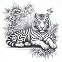 A tiger meditating in a serene Buddhist temple garden tattoo design idea