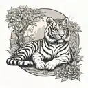 A tiger meditating in a serene Buddhist temple garden tattoo design idea