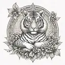 A tiger meditating in a serene Buddhist temple garden tattoo design idea