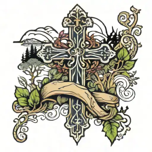 a trail leading towards a cross with life moments monumented along the way tattoo design idea