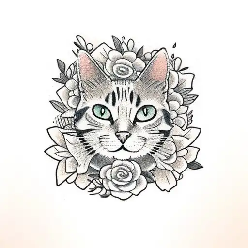 orange cat with flowers tattoo design idea
