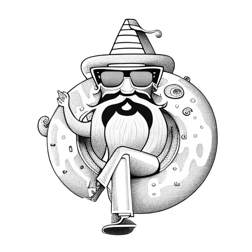 cartoon of a ZZ-top looking white male relaxing in a donut shaped pool floaty with sunglasses, a margarita, and a smile tattoo design idea