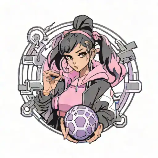 black straight hair latina girl with pink highlights dressed in black track suit holding a purple orb valorant reyna tattoo design idea