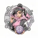 black straight hair latina girl with pink highlights dressed in black track suit holding a purple orb valorant reyna tattoo design idea