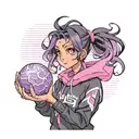 black straight hair latina girl with pink highlights dressed in black track suit holding a purple orb valorant reyna tattoo design idea