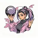 black straight hair latina girl with pink highlights dressed in black track suit holding a purple orb valorant reyna tattoo design idea