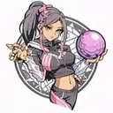black straight hair latina girl with pink highlights dressed in black track suit holding a purple orb valorant reyna tattoo design idea