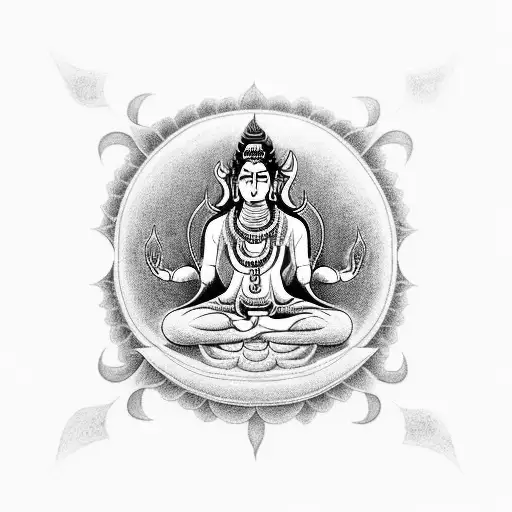 A majestic blackwork tattoo of Lord Shiva in a meditative pose, surrounded by the sacred mantra 'Ohm nama Shiva' tattoo design idea