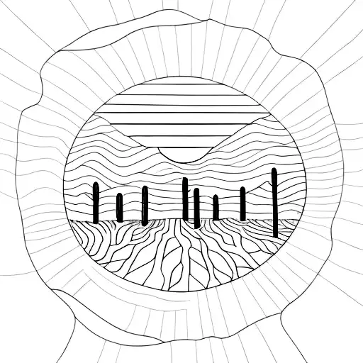 A minimalist line drawing of a desert landscape with a sun rising in the background tattoo design idea