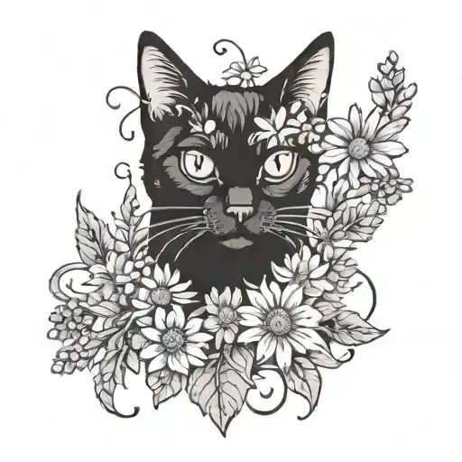 black cat with daisies and lavender flowers  tattoo design idea
