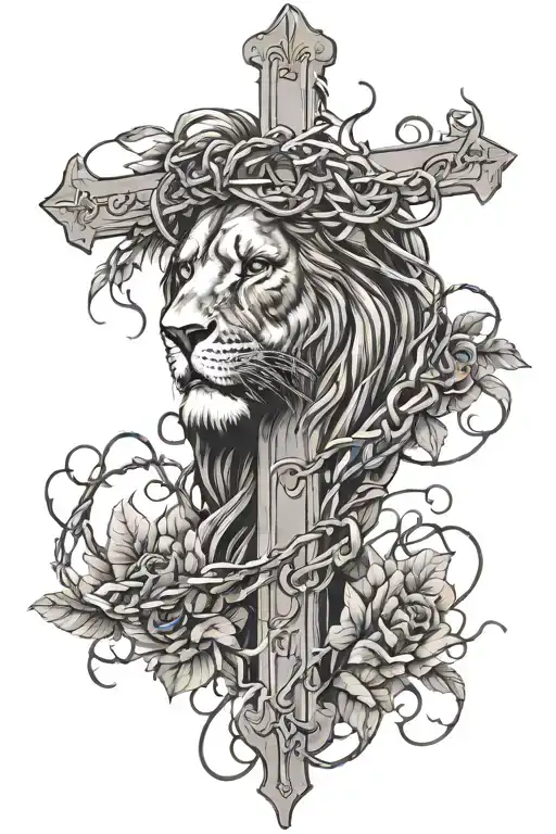 jesus lion cross barbwire vines tattoo design idea