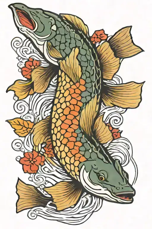 A single Northern Pike swimming downward, in the style of a Japanese Koi  tattoo design idea