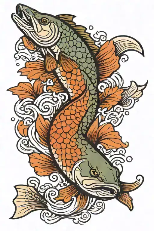 Northern Pike swimming downward, in the style of a Japanese Koi  tattoo design idea