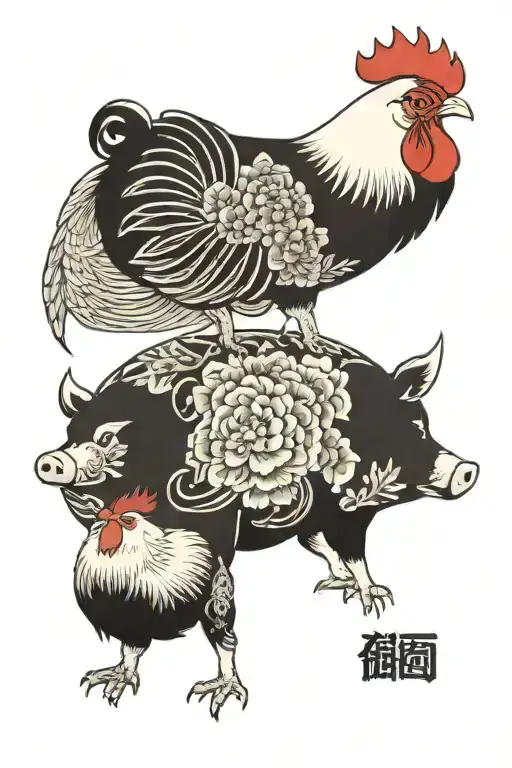 pig and rooster standing proudly tattoo design idea