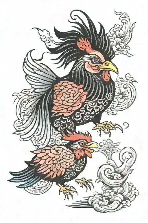 pig and rooster in love tattoo design idea
