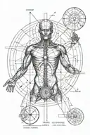 vitruvian man schematic attached to brain and heart  tattoo design idea
