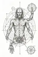 vitruvian man schematic attached to brain and heart  tattoo design idea