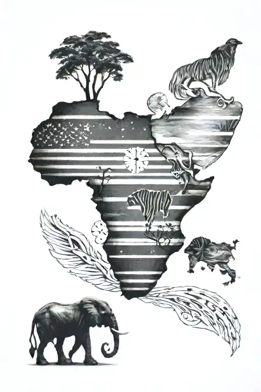 An image where the shape of Africa forms one half of a heart, and the United States forms the other half, symbolizing un tattoo design idea