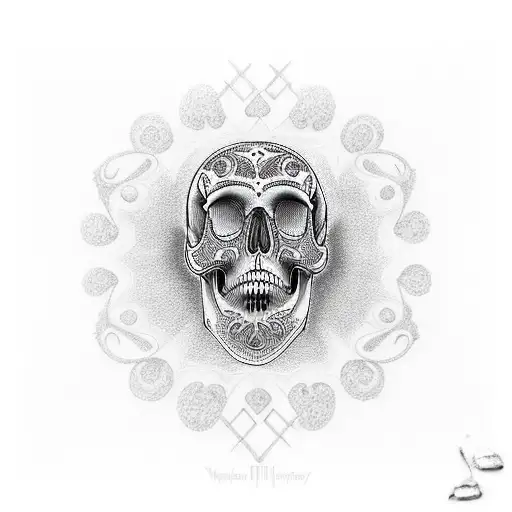 A dotwork tattoo of a stylized human skull with the Polígono de Willis intricately incorporated into the eye sockets tattoo design idea