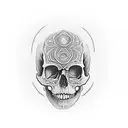 A dotwork tattoo of a stylized human skull with the Polígono de Willis intricately incorporated into the eye sockets tattoo design idea