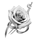 Breast cancer ribbon with a sword going through it with roses surrounding tattoo design idea