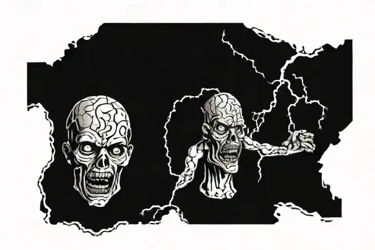 zombie and brain and lightning tattoo design idea