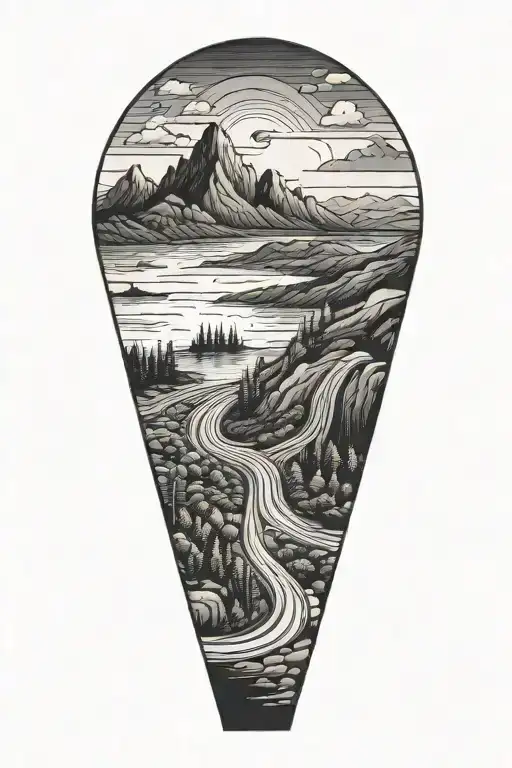 a road winding surrounded by ocean and mountains inside tattoo design idea
