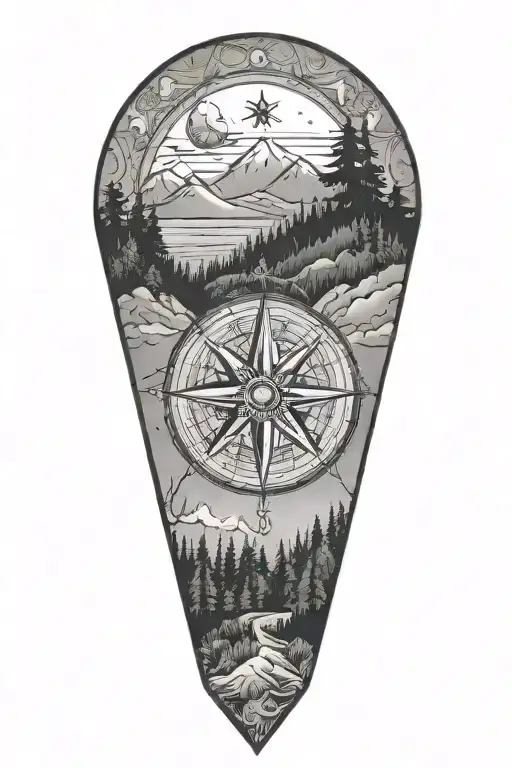 A tattoo of a compass rose surrounded by trees and mountains, symbolizing the client's love for travel and nature tattoo design idea