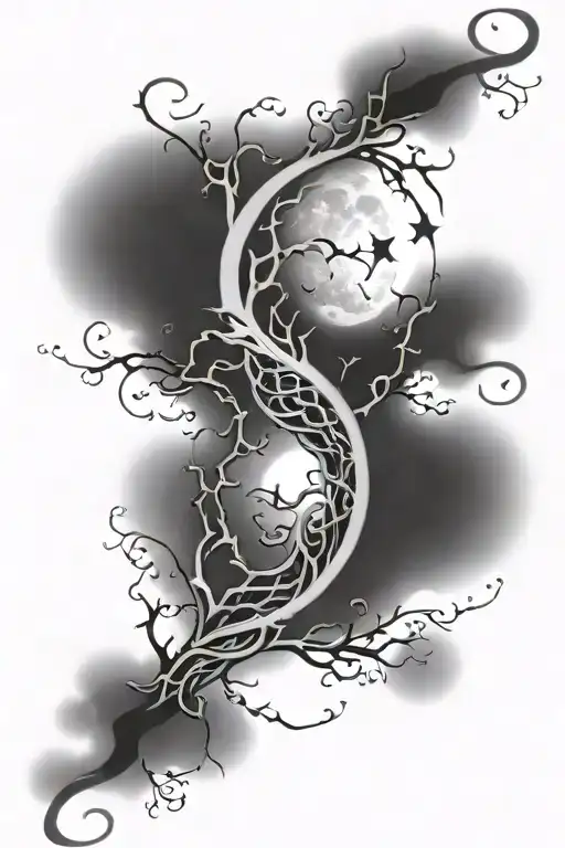 Full calf and thigh coverup tattoo. vines with moon, stars, clouds, and lightning bolts. tattoo design idea