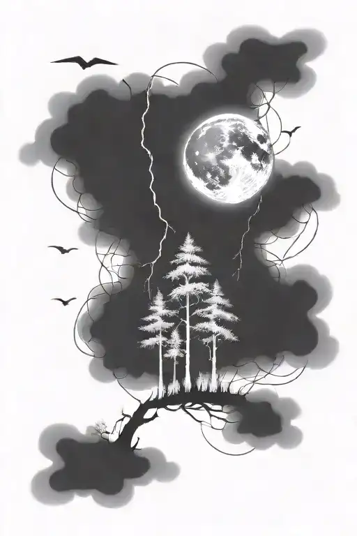 Full calf and thigh coverup tattoo. Dark forest trees with moon, stars, clouds, and lightning bolts. tattoo design idea