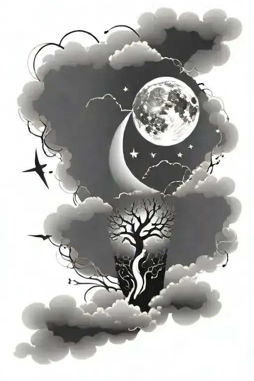 Full calf and thigh coverup tattoo. winding road  with moon, stars, clouds, and lightning bolts. tattoo design idea