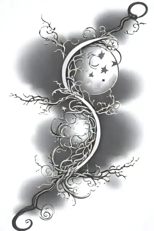 Full calf and thigh coverup tattoo. vines with moon, stars, clouds, and lightning bolts. tattoo design idea