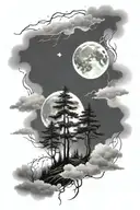 Full calf and thigh coverup tattoo. Dark forest trees with moon, stars, clouds, and lightning bolts. tattoo design idea