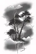 Full calf and thigh coverup tattoo. Dark forest trees with moon, stars, clouds, and lightning bolts. tattoo design idea