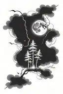 Full calf and thigh coverup tattoo. Dark forest trees with moon, stars, clouds, and lightning bolts. tattoo design idea