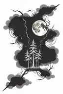 Full calf and thigh coverup tattoo. Dark forest trees with moon, stars, clouds, and lightning bolts. tattoo design idea