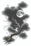 Full calf and thigh coverup tattoo. winding road  with moon, stars, clouds, and lightning bolts. tattoo design idea